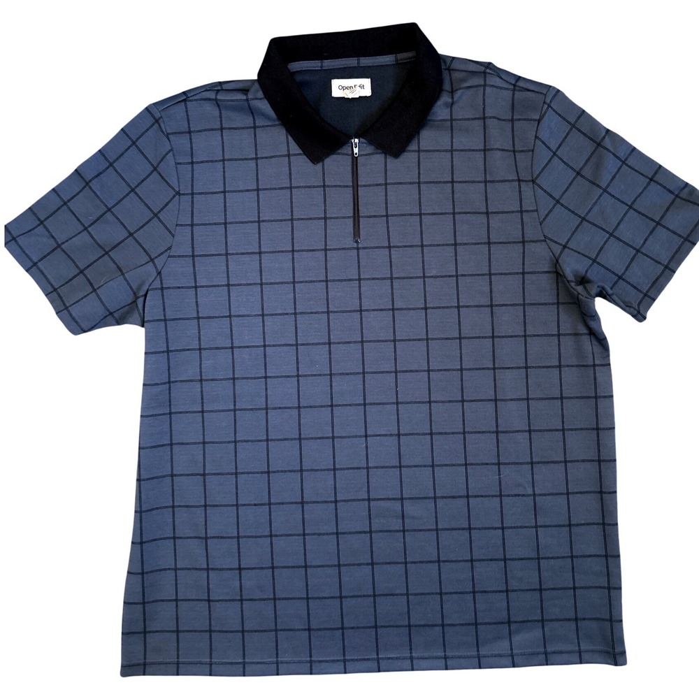 Open Edit Polo Shirt Mens XL Blue Black Grid Quarter Zip Short Sleeve